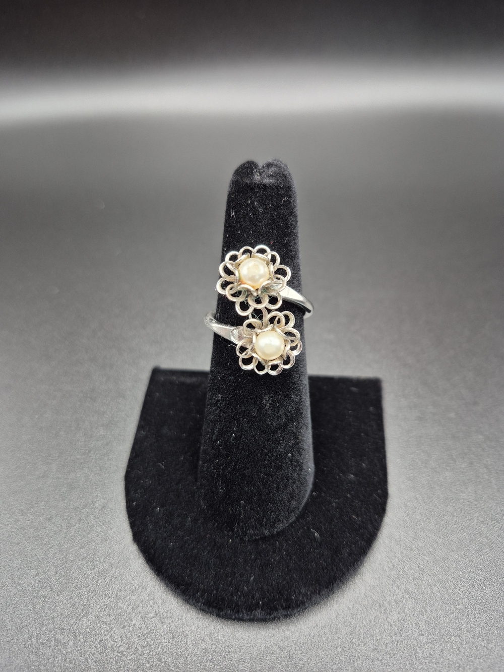 Sterling Silver Double Flower Pearl Ring - White Pearls